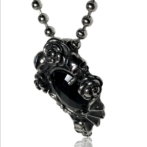Gothic Punk Black Gem Rose Floral Skull Necklace - Picture 3 of 3